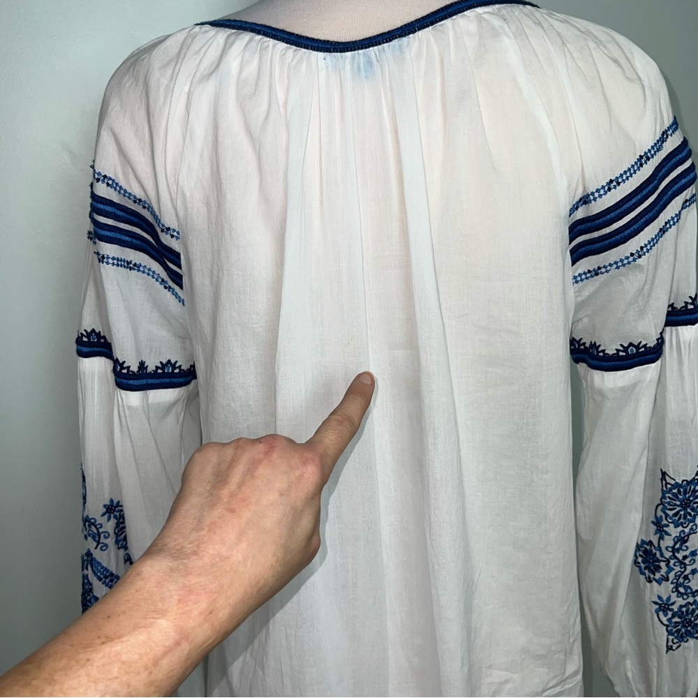 Blue Island White Blue Embroidered Cotton Swim Cover Tassel Boho Beach Tunic M - Picture 8 of 15